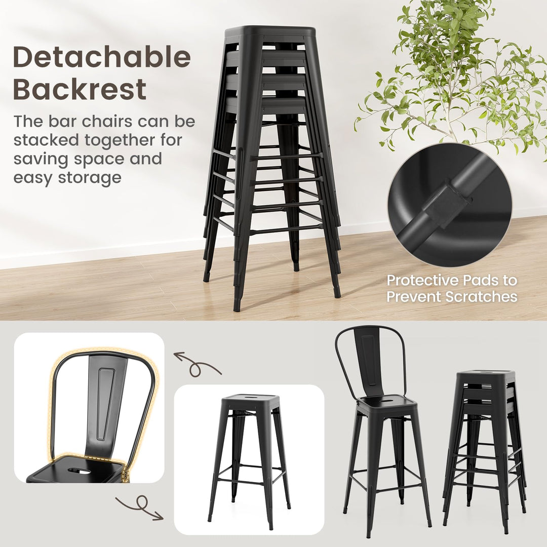 Giantex Metal Bar Stools Set of 4, 30" High Back Bar Height Chairs w/Footrest &amp; Removable Backrest