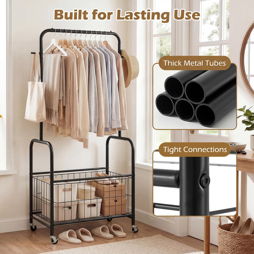 Giantex 35" Clothes Rack with Storage Basket &amp; Lockable Wheels
