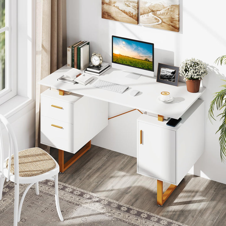 Giantex Computer Desk with Drawers &amp; Cabinet, 51” Long Home Office Desk with Floating Desktop &amp; Metal Frame