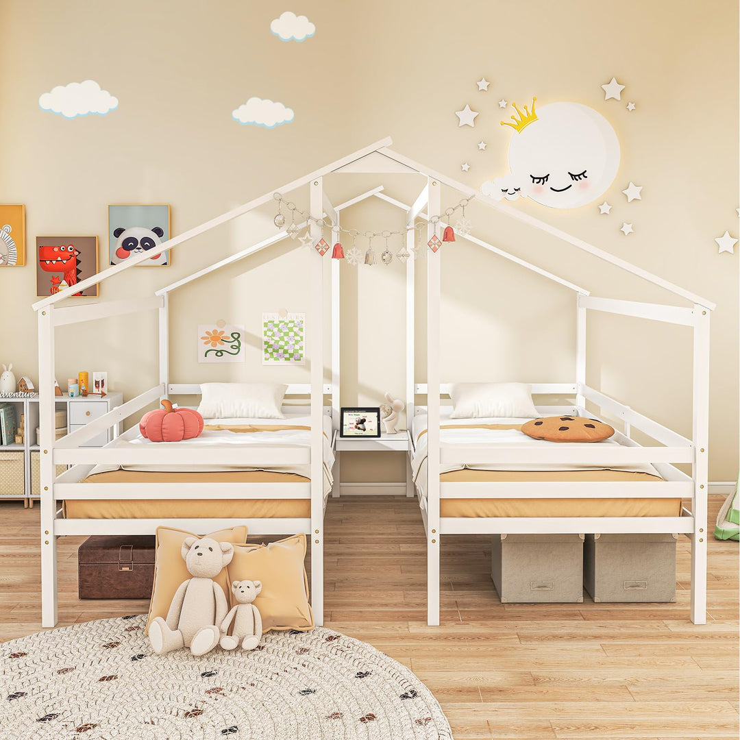 Giantex Double Twin Bed Frames for Kids, Wood House Shaped Platform with Built-in Nightstand &amp; USB Port