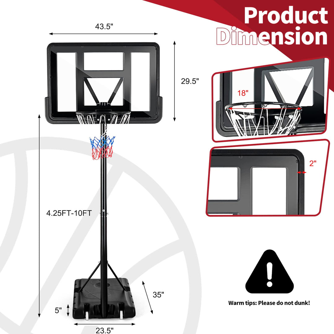 Giantex Portable Basketball Hoop Outdoor - 4.25-10ft Height Adjustable Basketball Goal System w/ 43.5" Backboard, Sandbag