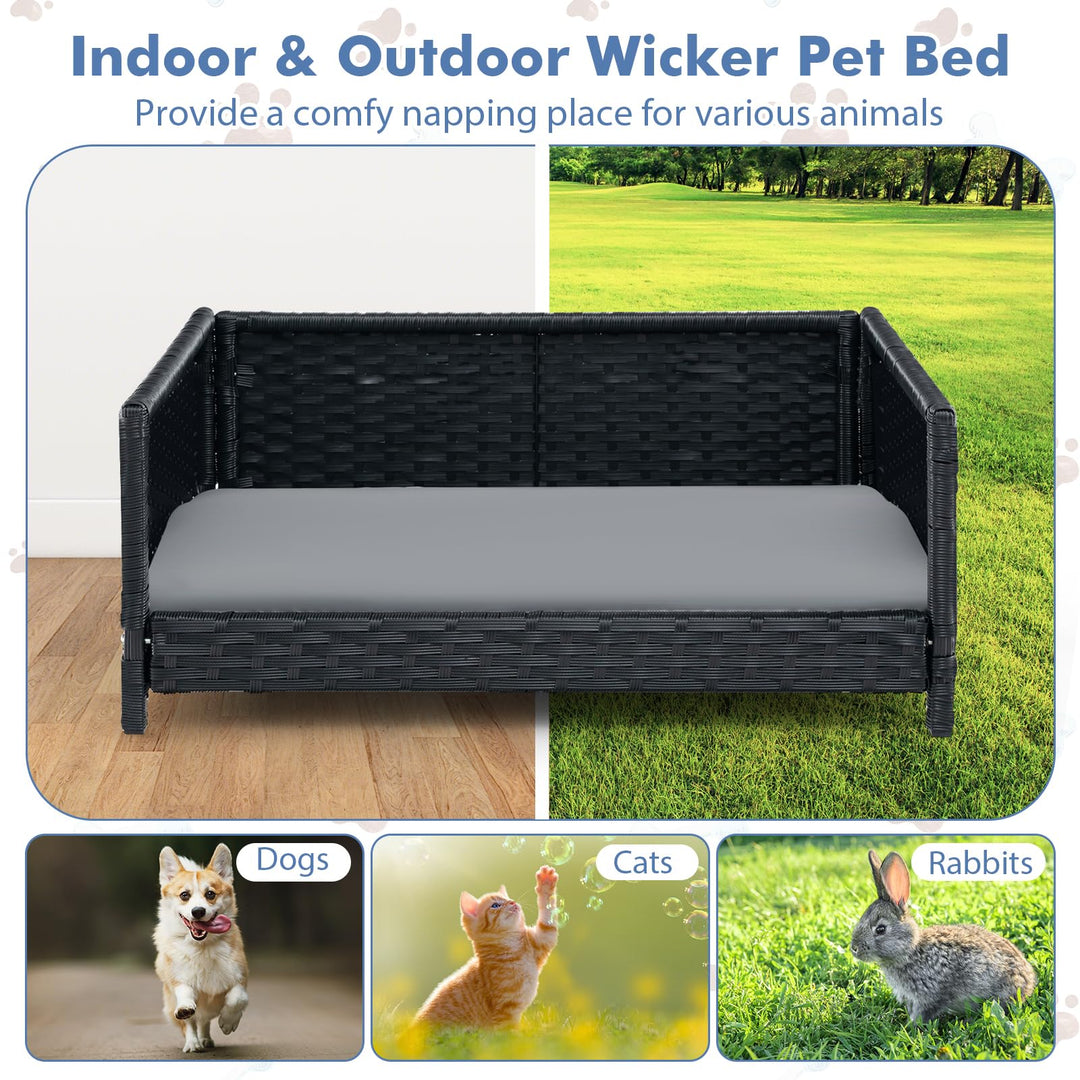 Giantex Wicker Dog Bed, Raised Woven Rattan Pet Bed Sofa Couch w/Waterproof &amp; Washable Cushion