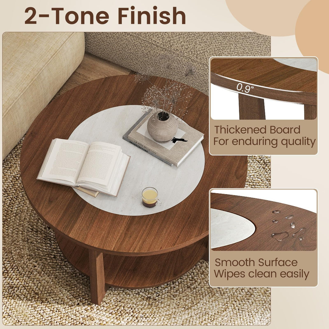 Giantex 2-Tier Round Farmhouse Living Room Coffee Table with 2-Tone Tabletop