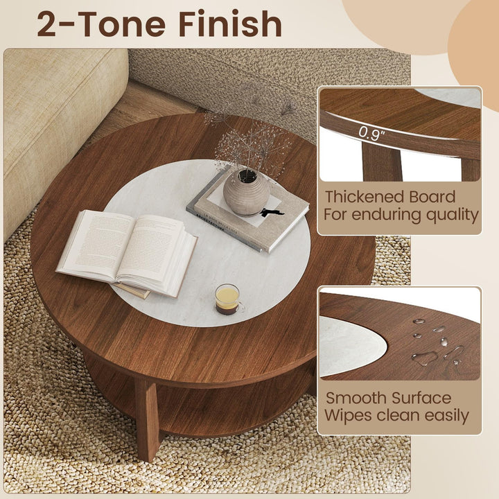 Giantex 2-Tier Round Farmhouse Living Room Coffee Table with 2-Tone Tabletop