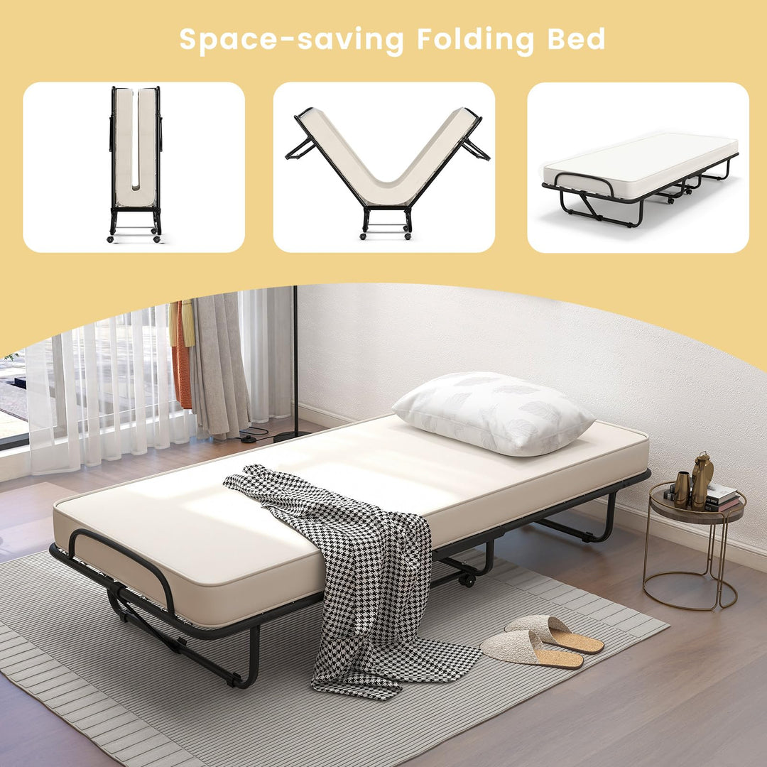 Giantex Folding Bed with Mattress for Adults, 75" x 31" Cot Size Portable Rollaway Bed with Sturdy Metal Frame