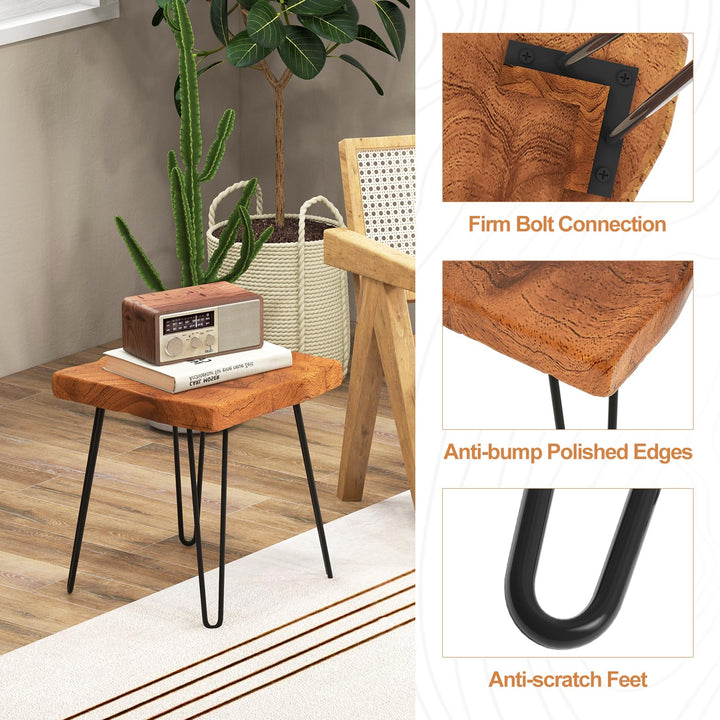 Giantex Teak Wood End Table, Solid Live Edge Outdoor Side Table w/Natural Grain &amp; Heavy-Duty Metal Legs