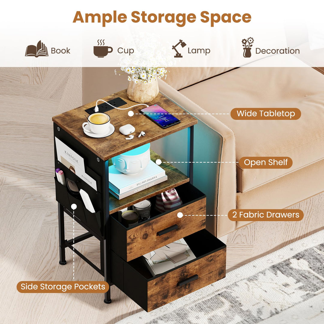 Giantex Night Stand with Charging Station | LED Sofa End Table w/2 Folding Fabric Drawers