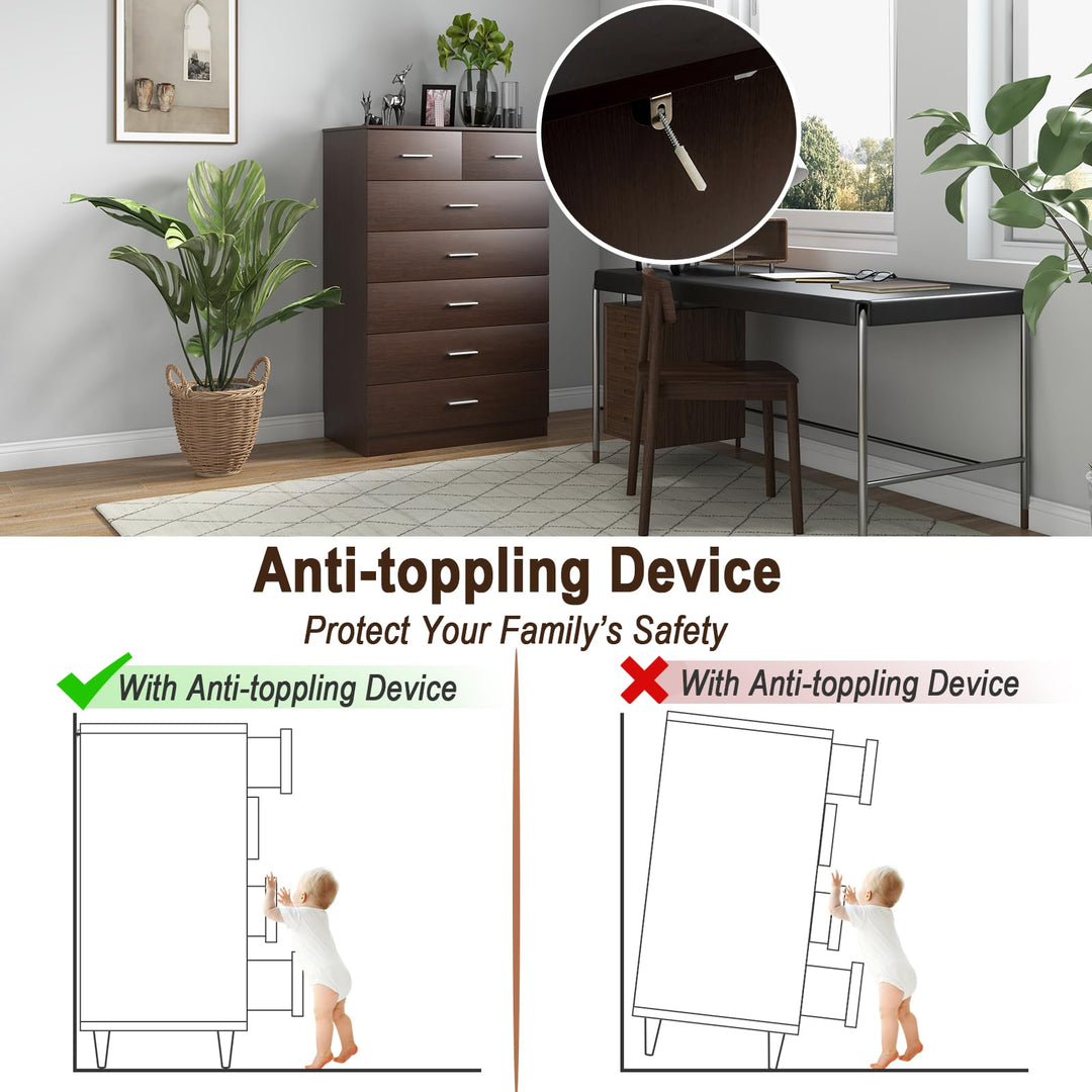 Giantex 7 Drawers Dresser for Bedroom - Wooden Chest of Drawers with Anti-toppling Device