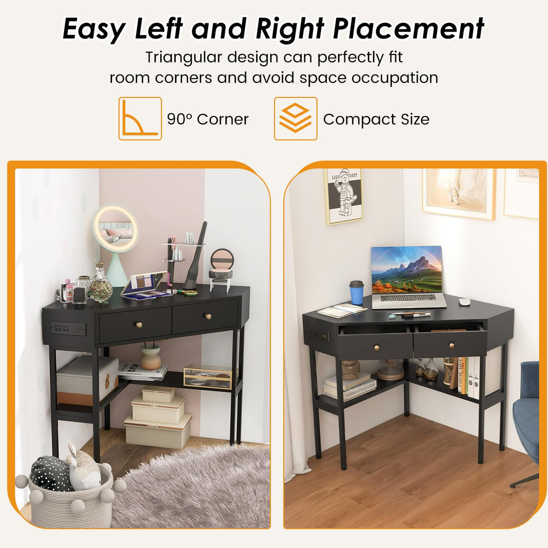 Giantex Corner Desk with Charging Station, 90 Degree Triangle Computer Desk with 2 Drawers &amp; Storage Shelf