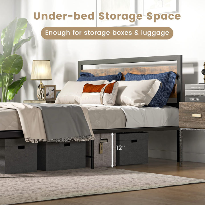 Giantex Queen Metal Platform Bed Frame with Wooden Headboard &amp; Footboard, Rustic Brown
