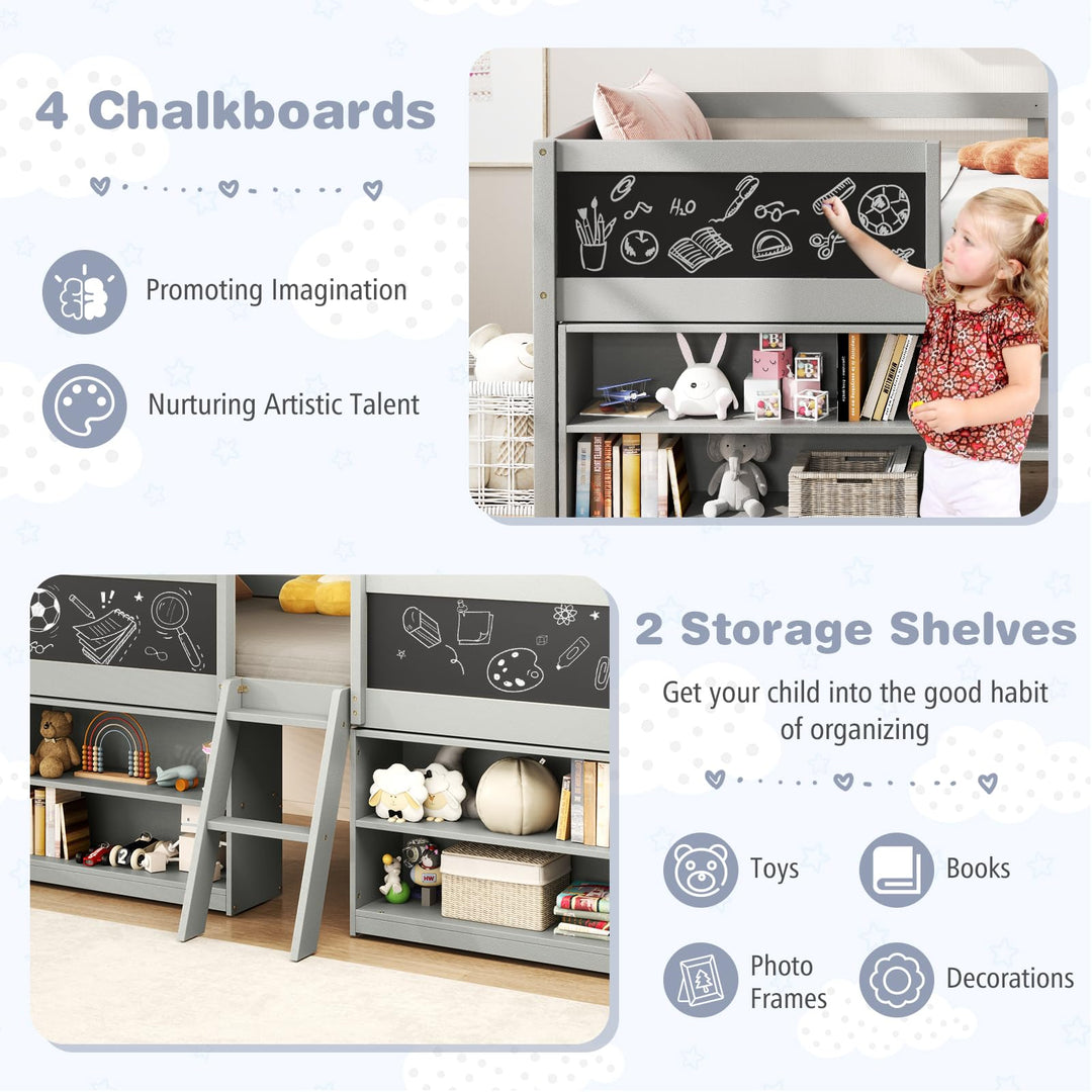 Giantex Low Loft Bed Twin Size, Wooden Loft Bed with Ladder &amp; Blackboard