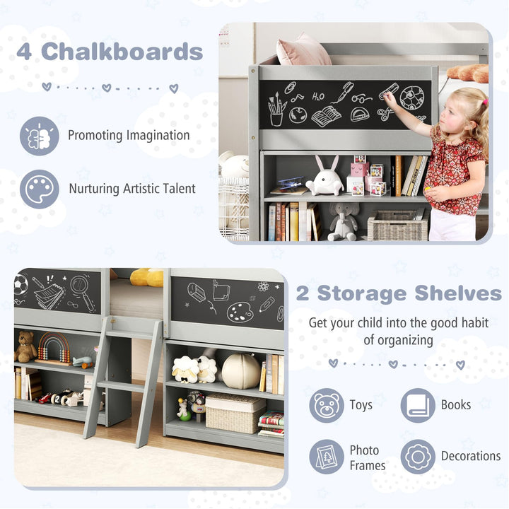 Giantex Low Loft Bed Twin Size, Wooden Loft Bed with Ladder &amp; Blackboard
