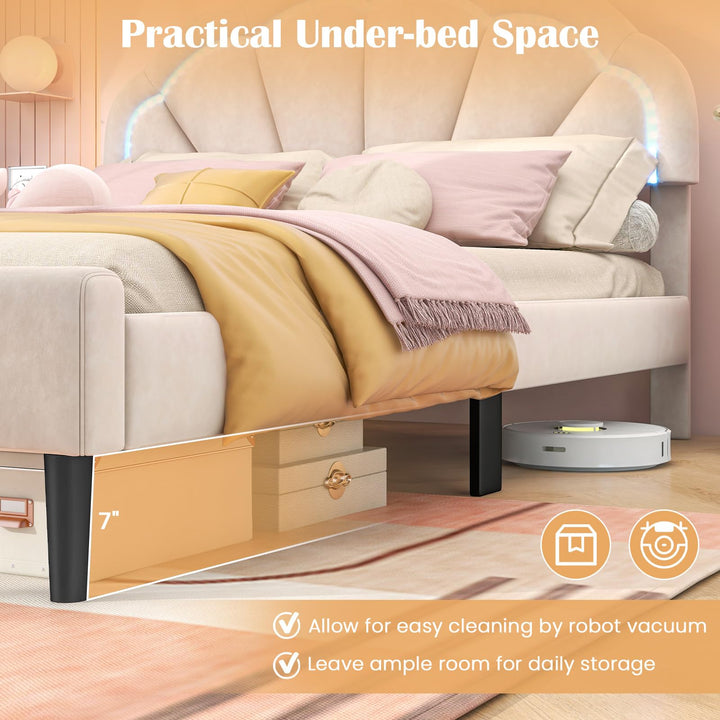 Giantex Full Size LED Bed Frame, Velvet Upholstered Full Platform Bed with Adjustable Cloud Headboard