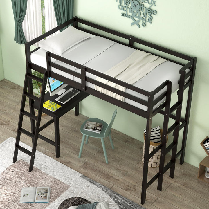 Giantex Twin Size Loft Bed with Desk, Solid Wood Loft Bed with 2 Ladders &amp; Full Length Guardrail