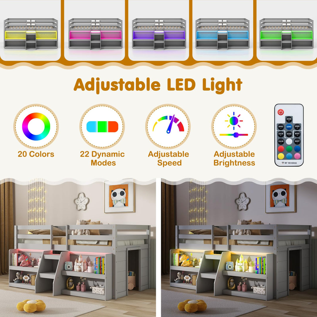 Giantex Low Loft Bed with LED Lights, Wooden Twin Loft Bed with Stairs &amp; Safety Guardrail