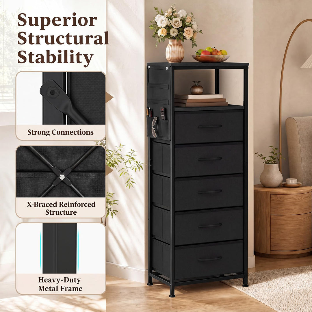 GIANTEX Modern 39" Bedside Table with Integrated Charging Station &amp; 5 Fabric Drawers (1/2)