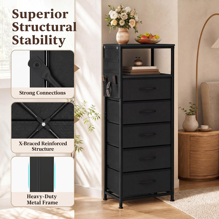 GIANTEX Modern 39" Bedside Table with Integrated Charging Station &amp; 5 Fabric Drawers (1/2)