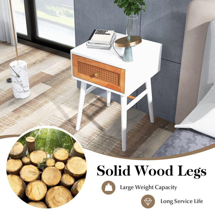 Giantex Rattan Nightstand, Boho End Side Table with Rattan Decorated Storage Drawer &amp; Solid Wood Legs