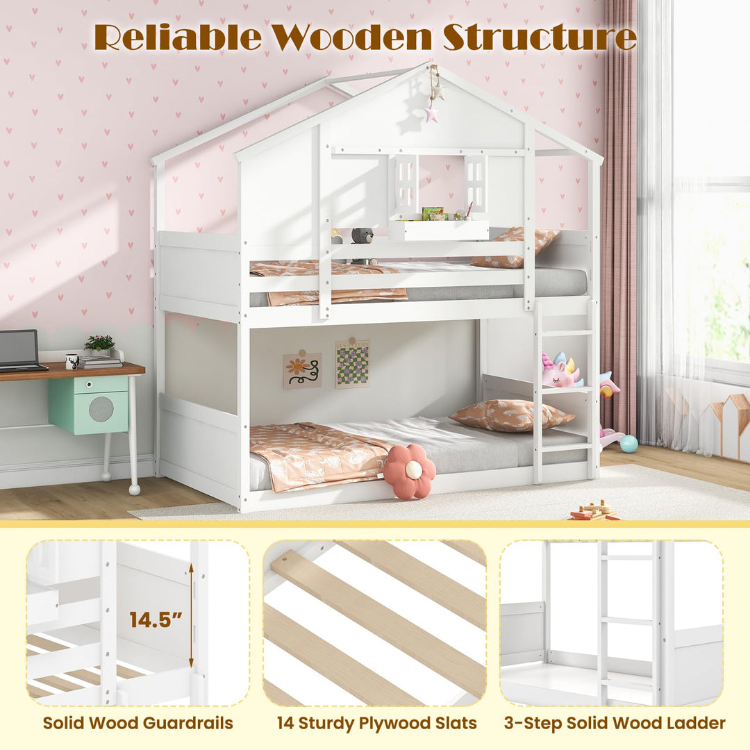 Giantex Bunk Bed Twin Over Twin, Wood House Bed for Kids with Roof, Window Door, White