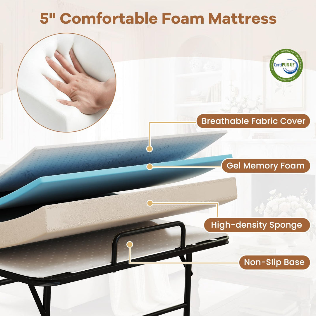 Giantex Twin Folding Bed Frame with 5 Inch Mattress, Portable Rollaway Guest Bed, 75" x 38"