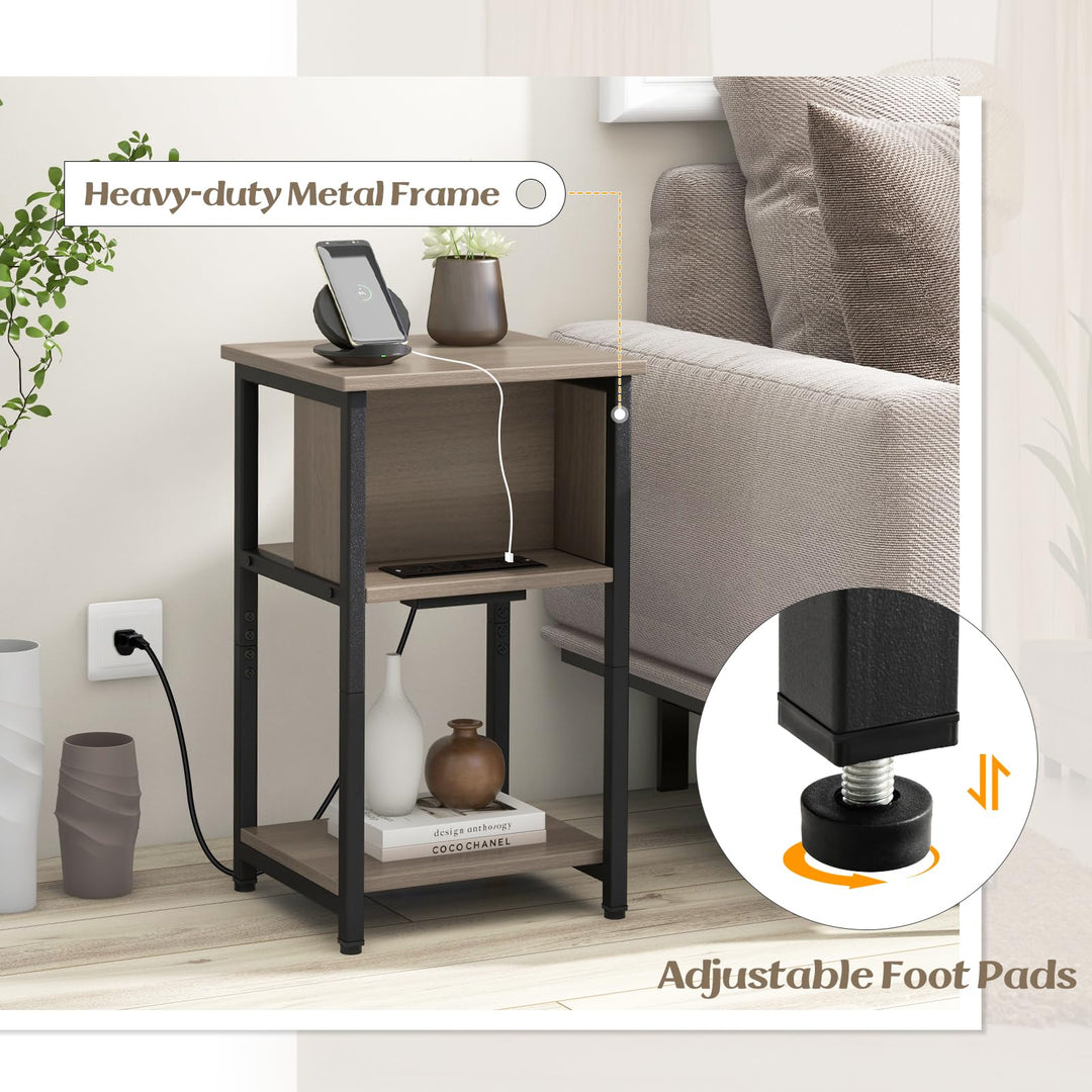 Giantex Nightstand with Charging Station, 3-Tier End Table with USB Ports &amp; Power Outlets