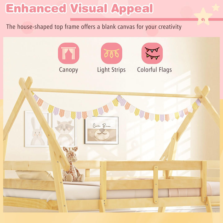 Giantex Twin Over Queen Bunk Bed, Wood House Bunk Bed for Kids with Climbing Nets and Ramp