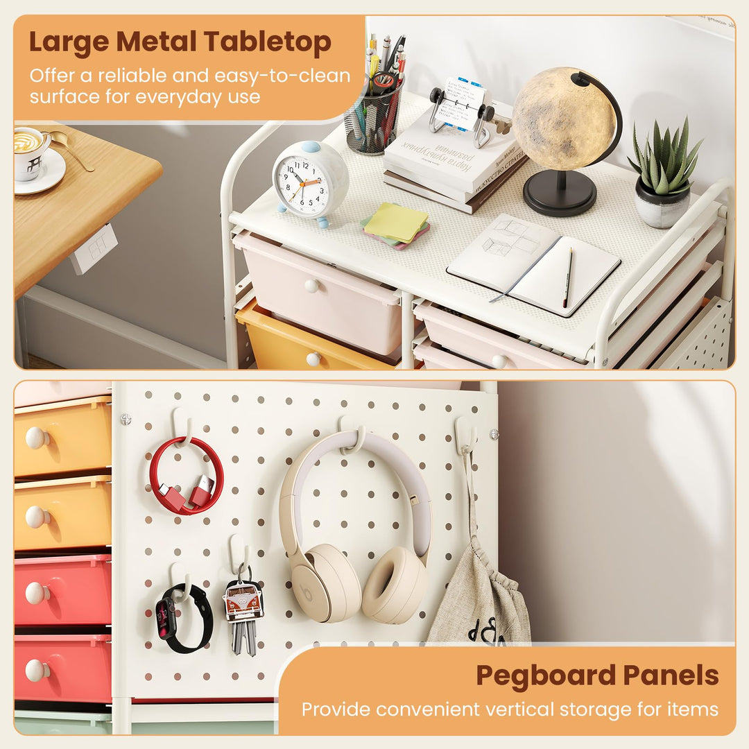 Giantex 15 Drawer Storage Cart | Rolling Craft Cart with Metal Tabletop &amp; Pegboard