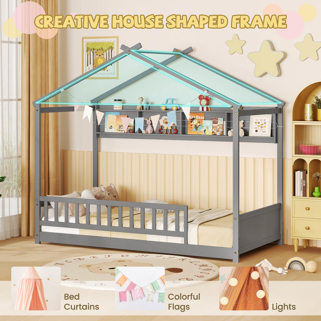 Giantex Twin Floor House Bed with Storage Shelf, Wood Twin Bed Frames with Headboard &amp; Guardrail