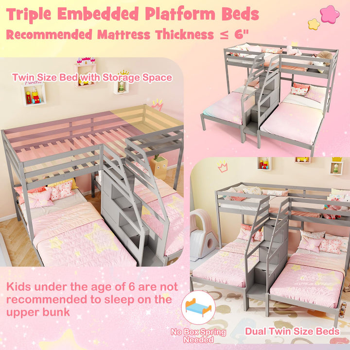 Giantex Twin Over Twin &amp; Twin Bunk Bed Triple Bunk Beds with 4-Step Storage Stair