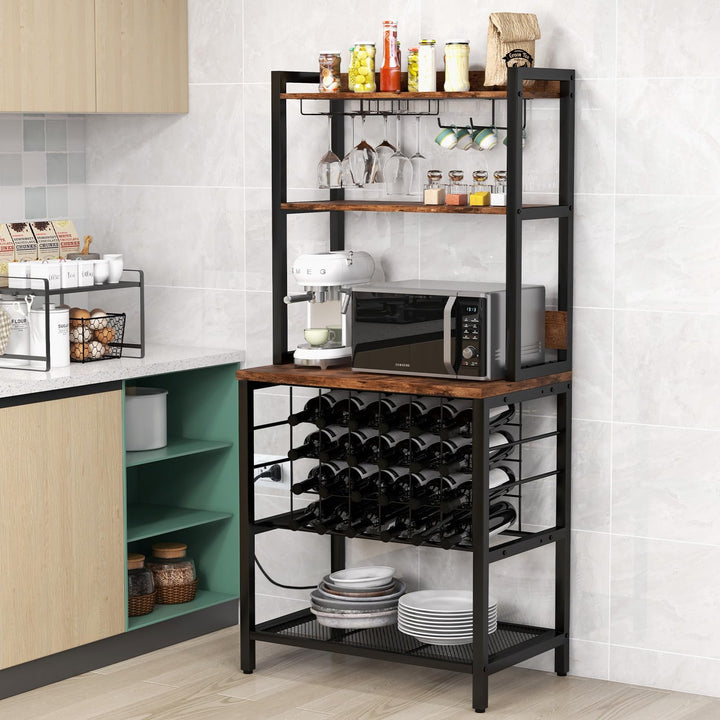Giantex Bakers Rack with Storage Hutch, Power Outlet &amp; USB Port, Coffee Bar 24-Bottle Wine Rack &amp; Glass Holder