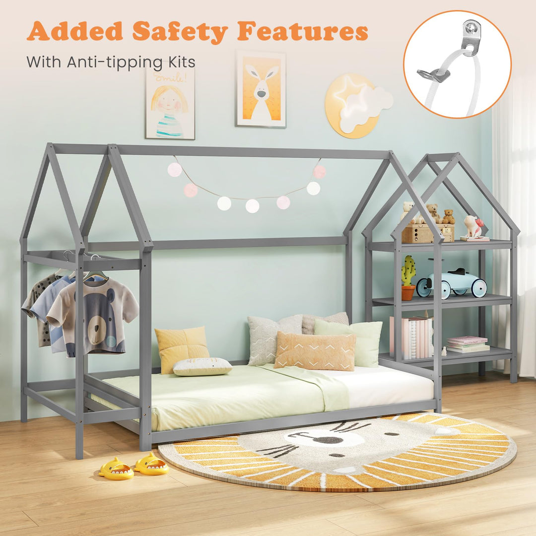 Giantex Twin Floor Bed, Wood Montessori Floor Bed with Detachable 3 Tier Storage Bookshelf &amp; Clothes Rack