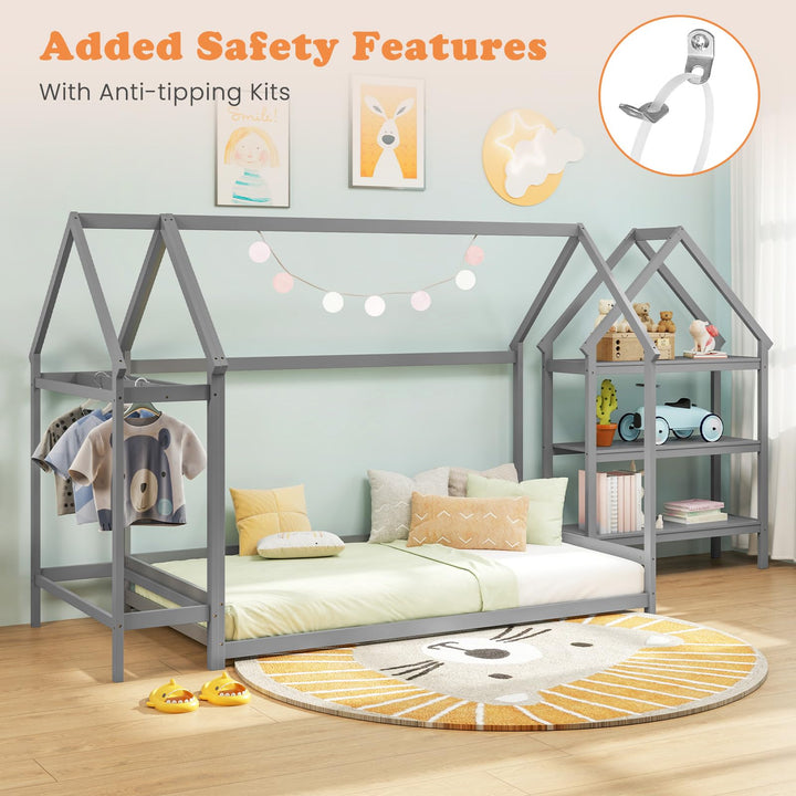 Giantex Twin Floor Bed, Wood Montessori Floor Bed with Detachable 3 Tier Storage Bookshelf &amp; Clothes Rack