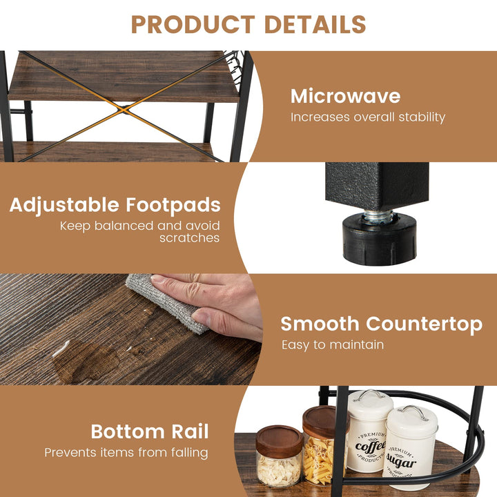 Giantex Kitchen Bakers Rack, 4-Tier Microwave Stand with 6 Hooks &amp; Stemware Racks (Rustic Brown)