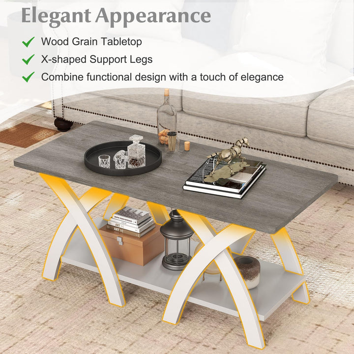 Giantex Farmhouse Coffee Table 2-Tier Wood Center Table with Storage Shelf &amp; X-Shaped Support Legs