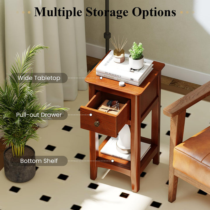Giantex Narrow End Table with Drawer 23.5" H Side Table w/Open Storage Shelf &amp; Solid Wood Frame