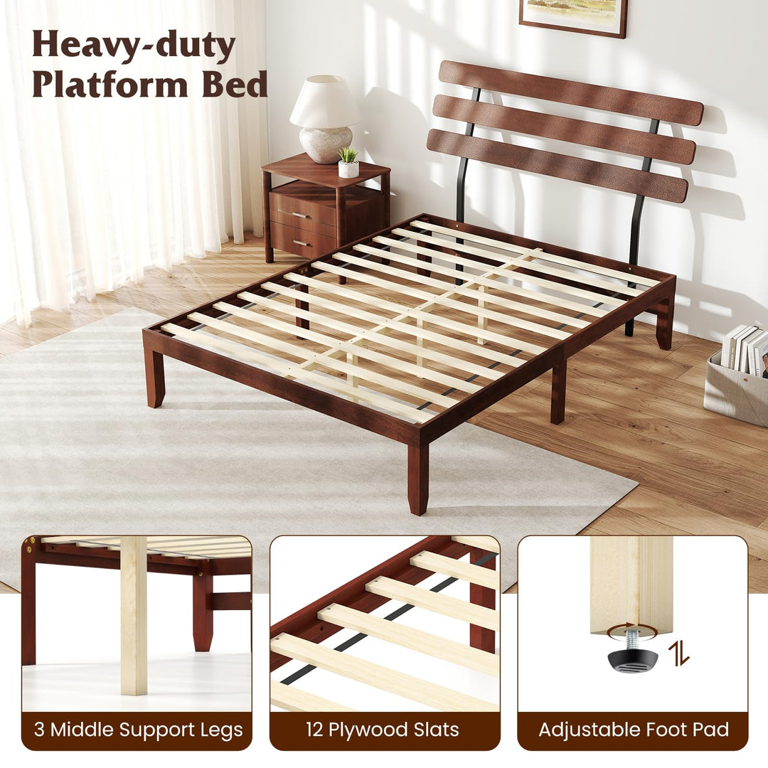 Giantex Queen/Full/Twin Size Platform Bed with Retro Headboard Mid Century Modern Bed Frame with Wood Slat Support