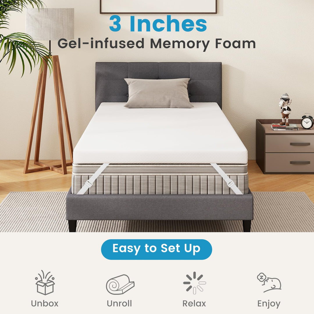 Giantex 3 Inch Twin Memory Foam Mattress Topper, Gel Infused Topper with Removable Cover