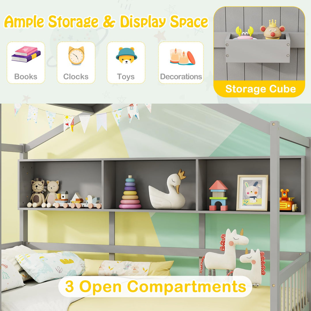 Giantex Twin House Bed with 2 Storage Drawers, Kids Bed Frame with Storage Cubes, Montessori Bed with Fence Guardrails &amp; Roof