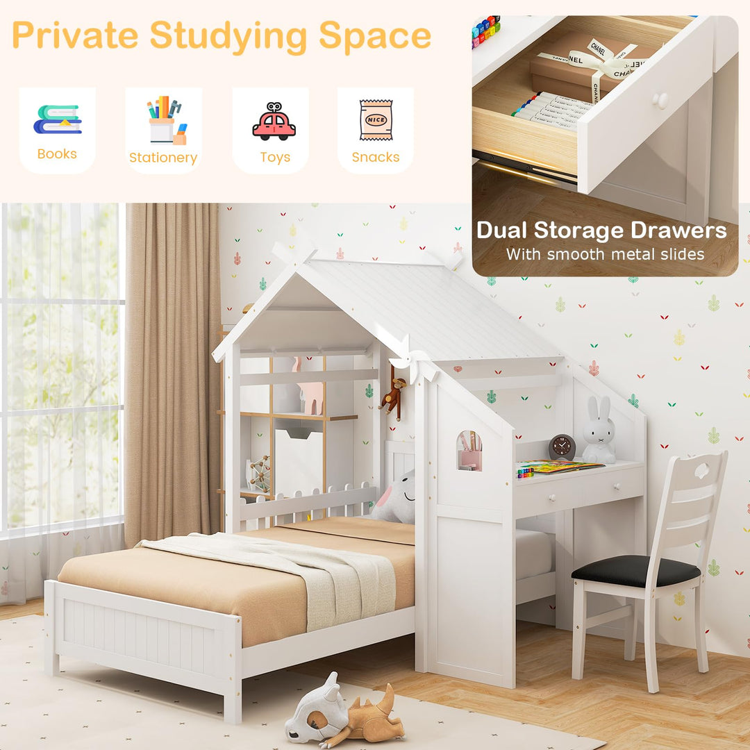 Giantex Twin House Bed with Desk &amp; Chair, Wood Kids Playhouse Bed with 2 Drawers