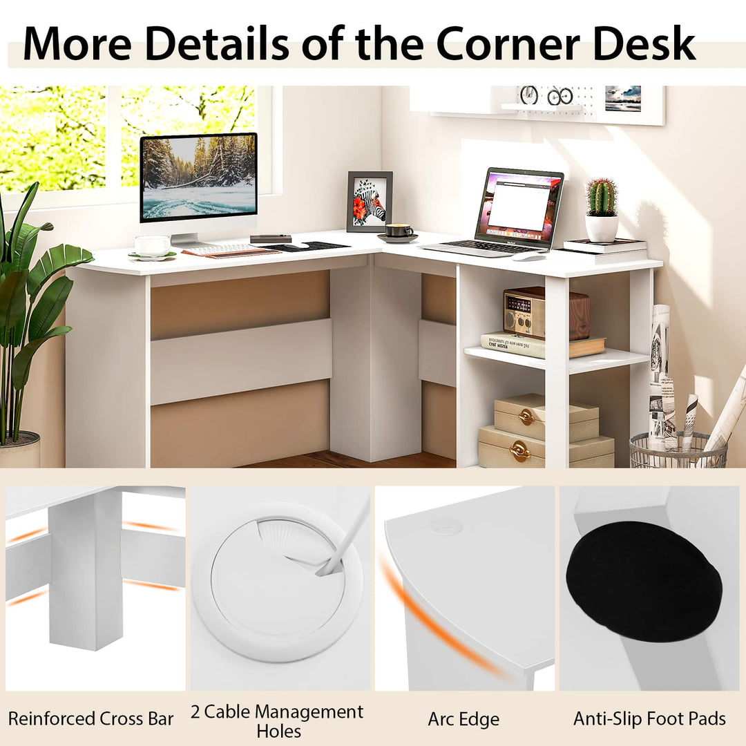 Giantex L Shaped Computer Desk, 51" Large Corner Desk with 2 Cable Holes &amp; 2 Storage Shelves, White