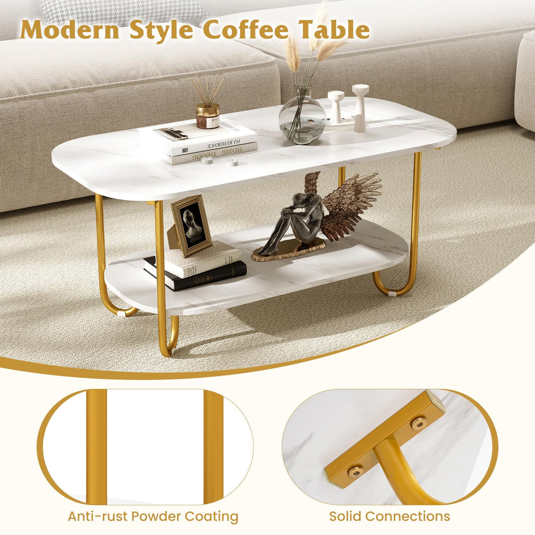 Giantex 2 Tier Coffee Table with Storage Modern Faux Marble Center Table