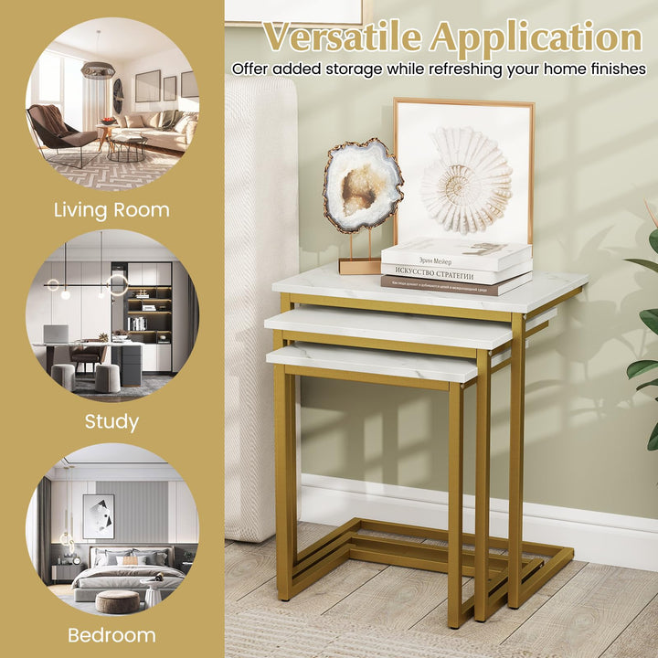 Giantex Nesting Coffee Table Set of 3 Stackable Square End Table w/Faux Marble Tabletop &amp; Heavy-Duty Metal Frame