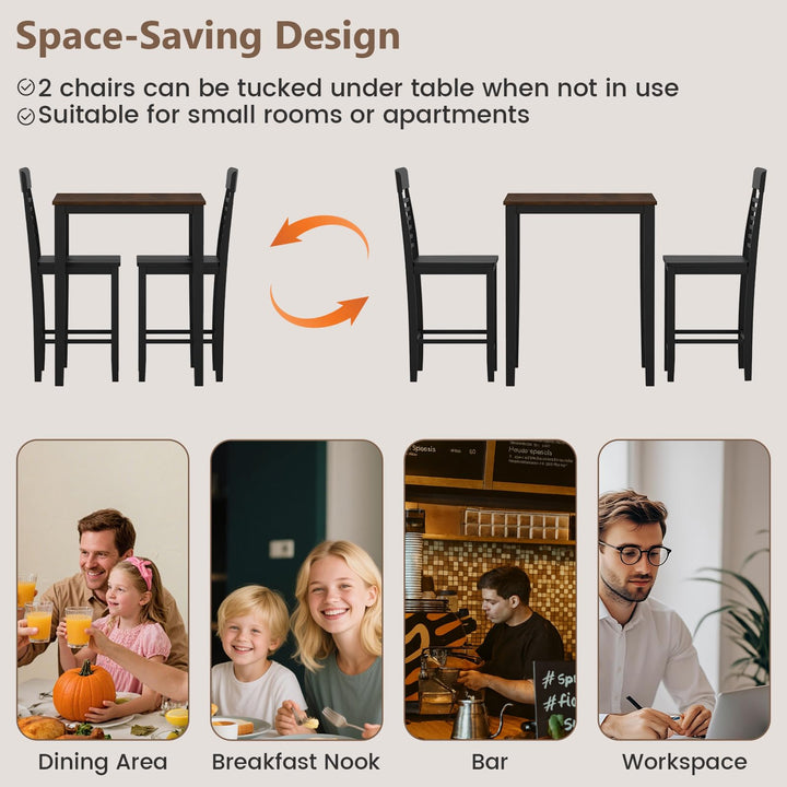 3-Piece Counter-Height Dining Table Set for 2 with Rubber Wood Frame and Footrest