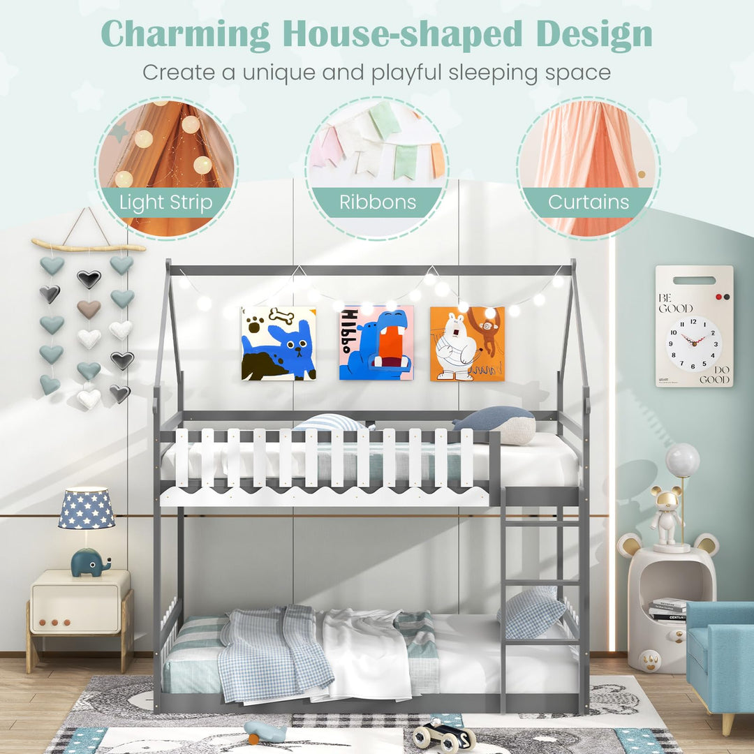 Giantex Bunk Bed Twin Over Twin, Wood House Low Bunk Bed with Ladder &amp; Fence Safety Guardrail