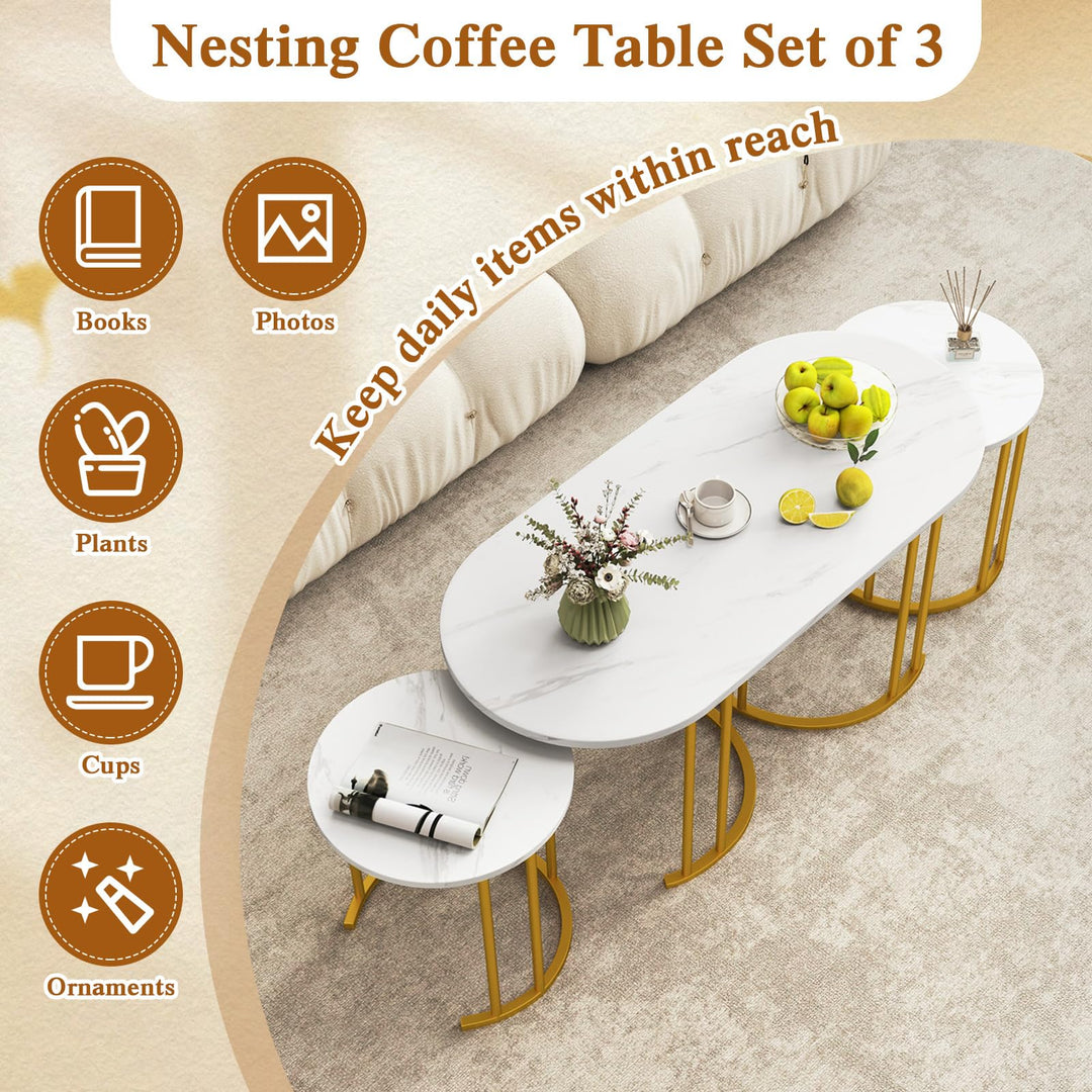 Giantex Nesting Coffee Table Set of 3, Stacking Side Tables with Faux Marble Tabletop &amp; Gold Metal Frame