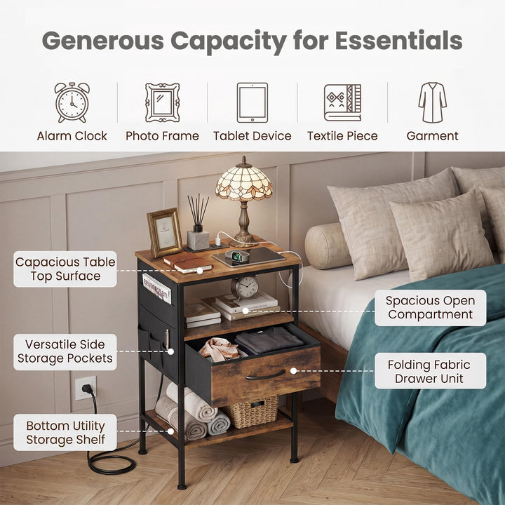 GIANTEX 24.5" Nightstand with Charging Station &amp; 1 Fabric Drawer (1/2)