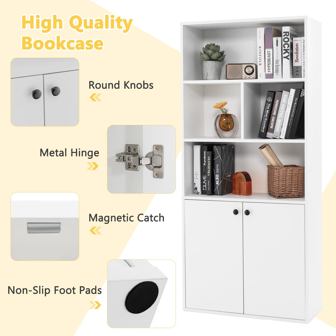 Giantex 3-Tier Bookcase with Doors, 61" Tall Bookshelf with 4 Open Cubes &amp; Adjustable Shelf, White