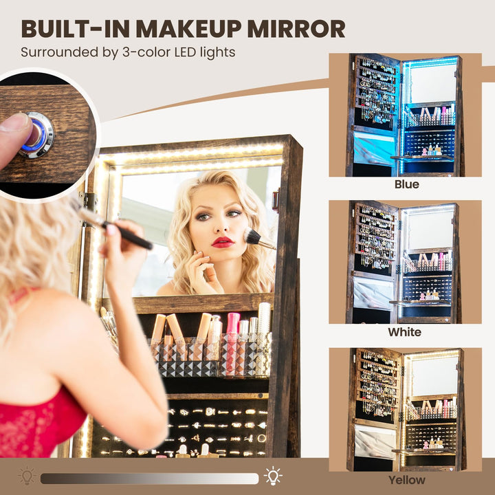 CHARMAID LED Mirror Jewelry Cabinet Armoire 360° Swivel, 63" H 3-Color Lighted Full Length Mirror