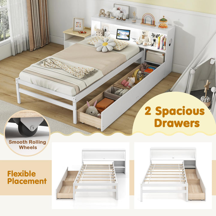 Giantex Wood Twin Bed Frame with Storage Drawer &amp; Headboard, Modern Platform Bed with Charging Station &amp; LED Light