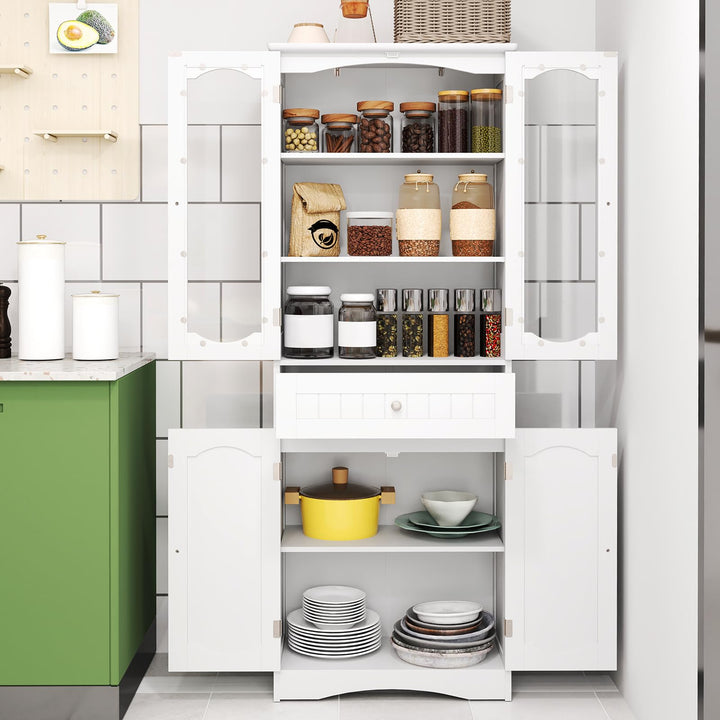 Giantex 63" Tall Bathroom Cabinet, Pantry Cabinet with Tempered Glass Doors, Adjustable Shelves &amp; Large Drawer